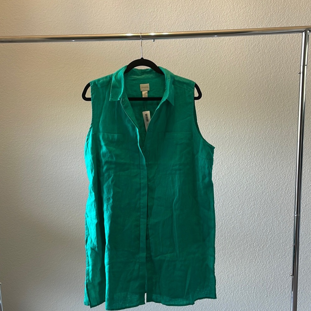 Chico Green Linen Side Slit Tank Top, Size 3